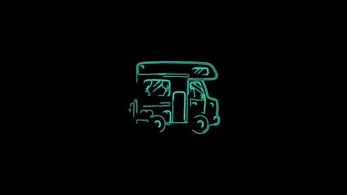 霓虹灯线房车露营拖车图标隔离在黑色背景上。旅行移动家庭，大篷车，旅行家庭露营者。4k视频动态图形动画