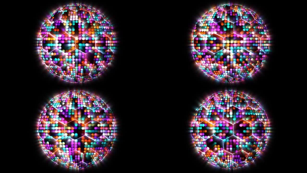 六边形未来派技术对球体可视化波数字表面背景，动画抽象彩虹点光和射线粒子模式波形振荡
