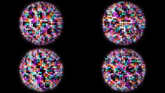 六边形未来派技术对球体可视化波数字表面背景，动画抽象彩虹点光和射线粒子模式波形振荡