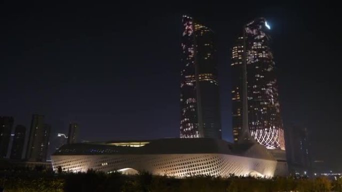 夜间照明南京市著名国际青年文化中心正面全景4k中国