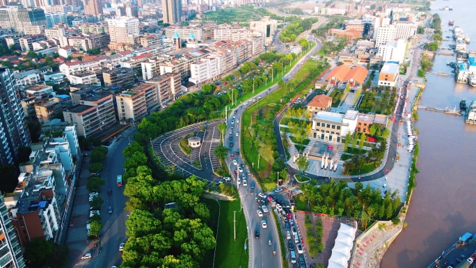 航拍湖北荆州荆江大堤，荆州沙市洋码头风景