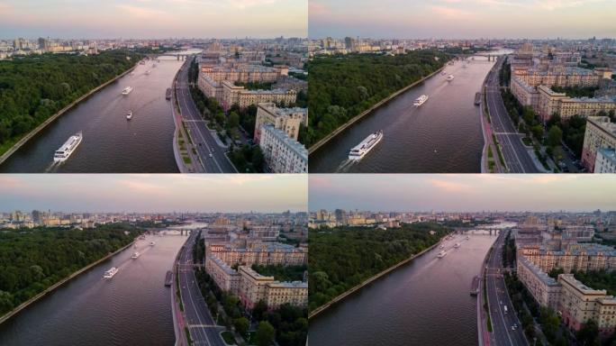 日落黄昏莫斯科河交通著名公园城市景观空中全景4k延时俄罗斯
