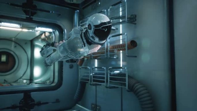 零重力的宇航员检查他的飞船模块。该动画适用于梦幻般的，未来派或太空旅行背景。