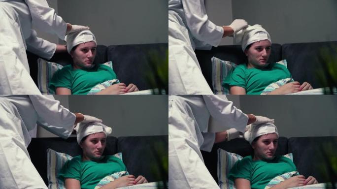 医生检查一名裹着绷带的头部受伤女性患者