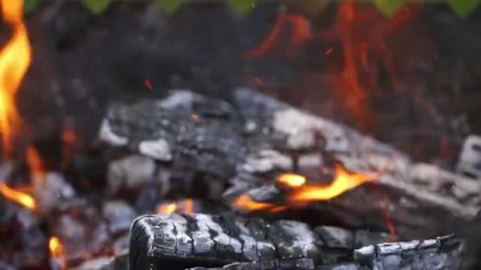 烤架上闷烧的炭。木棍在火中翻过闷烧的原木。在火中燃烧木头。在闷烧的原木上着火。特写。