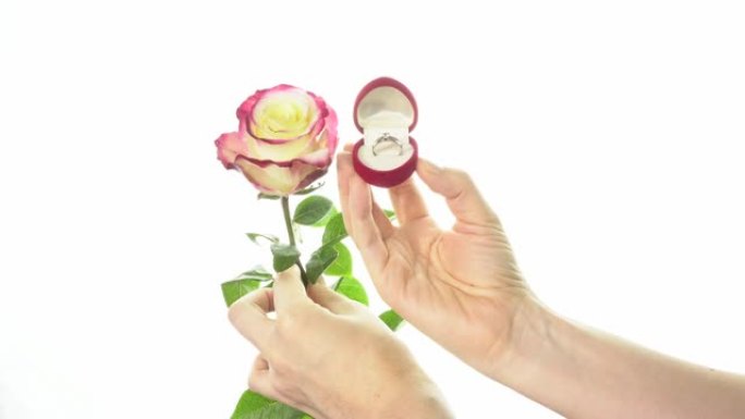 美丽的玫瑰和一个盒子里的戒指，在白色背景上，女性手中的心形。4k