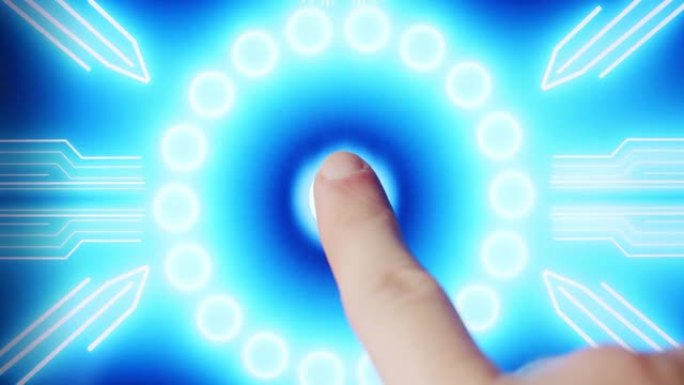 人类手指打开触摸屏按钮，激活未来的人工智能。机器学习、人工智能、概念Vercion 2的可视化