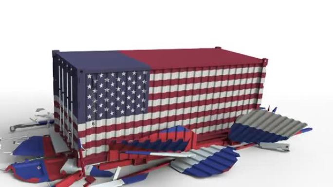 挂美国国旗的集装箱将挂俄罗斯国旗的集装箱拆开
