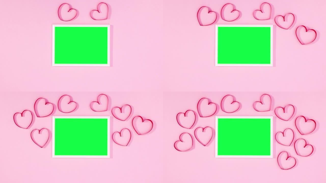 带有情人节心的绿色屏幕框架。浪漫帧停止运动