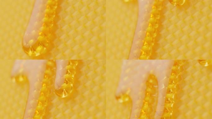 蜂蜜在蜂窝上流动的宏观镜头。Skow mo