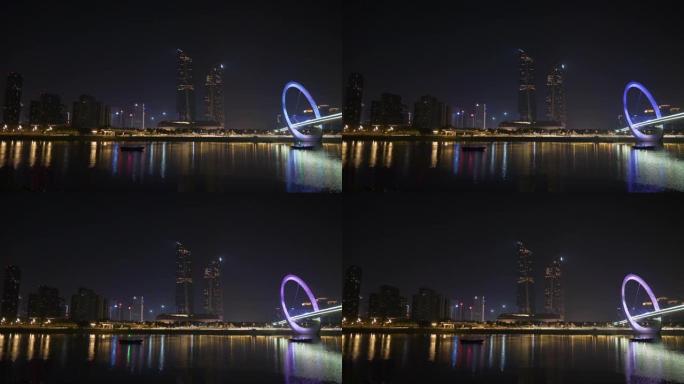 夜间照明南京市著名国际青年文化中心人行天桥全景4k中国