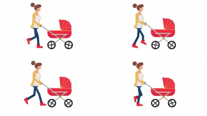 母性。母亲带婴儿车的动画。卡通