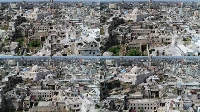 叙利亚阿勒颇的建筑在内战10年后。我们可以看到草覆盖废墟的建筑，被轰炸后摧毁-鸟瞰图4K
