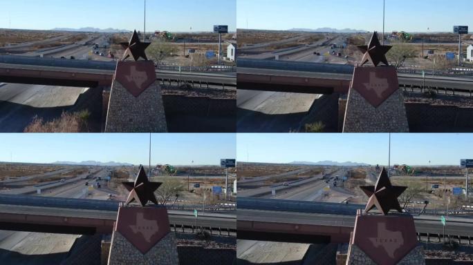 从新墨西哥州安东尼进入埃尔帕索县的德克萨斯州边界，州界线标记的无人机全景