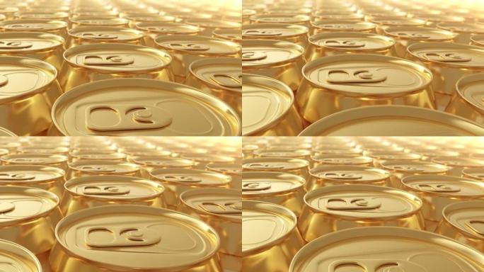 生产线上的工厂里有很多金色铝罐。