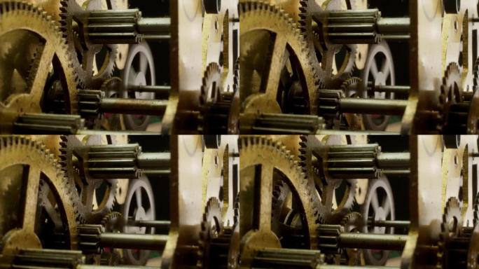 旧黄铜机械齿轮机构。复古手表的纺轮。