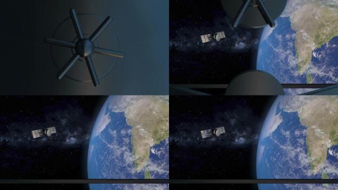 星舰中的铁舱口从飞船上打开了地球行星的全景。卫星从太空扫描和监测地球。