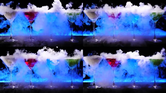 酒吧柜台的各种彩色干冰饮料特写镜头。酒保表演，并在鸡尾酒吧背景上准备了干冰鸡尾酒。酒吧里有干冰烟雾效