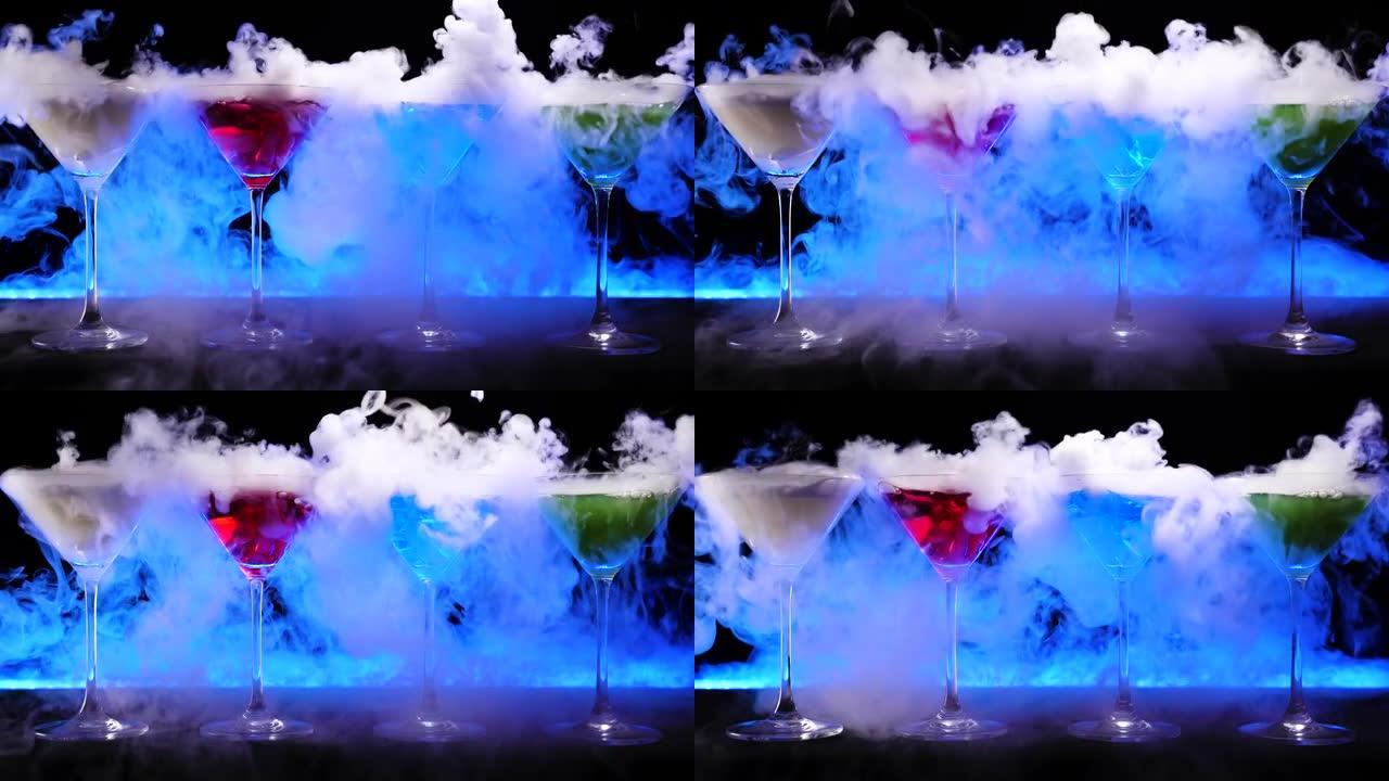 酒吧柜台的各种彩色干冰饮料特写镜头。酒保表演，并在鸡尾酒吧背景上准备了干冰鸡尾酒。酒吧里有干冰烟雾效
