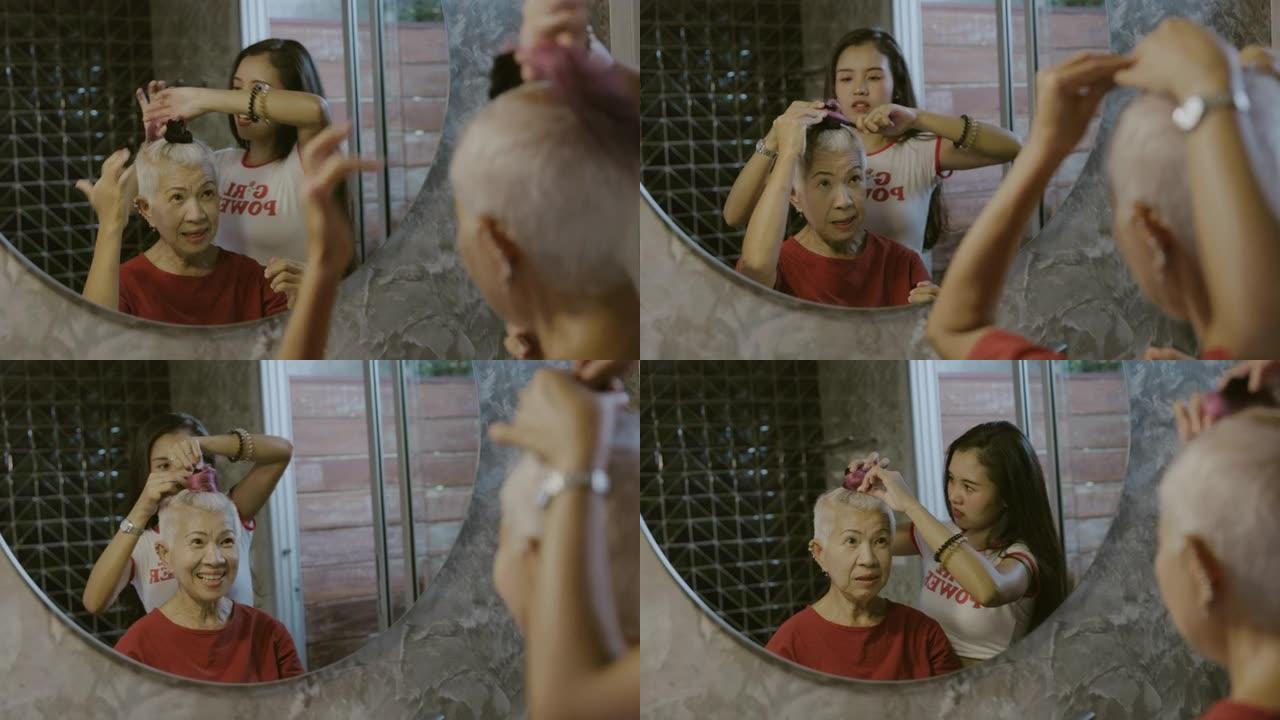教女儿在浴室做头发-股票视频