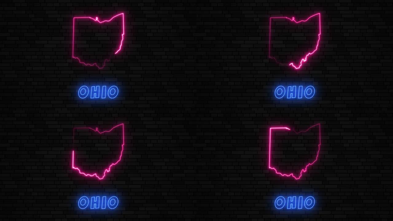 俄亥俄州地图剪影，深色砖墙背景上有霓虹灯线