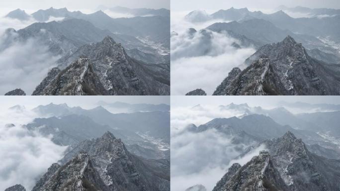 中国的长城和雄伟的山脉远景，云雾中的自然风光 (延时)
