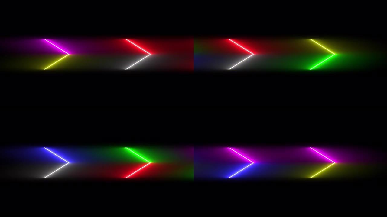 霓虹灯线闪耀发光闪烁箭头动画循环在黑色背景上随机移动的彩色抽象模糊运动。