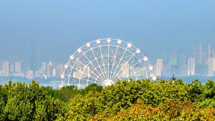 湖北武汉春季摩天轮与武汉城市天际线航拍