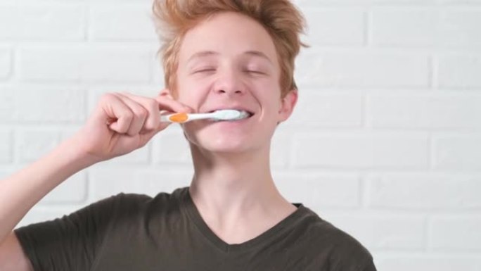 肖像微笑红色头发少年男孩与牙刷。青少年孩子在白色背景上刷牙。保健，牙齿卫生