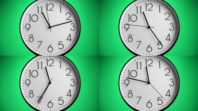 绿色背景上的白色挂钟。一小时到12点，延时。时间概念。