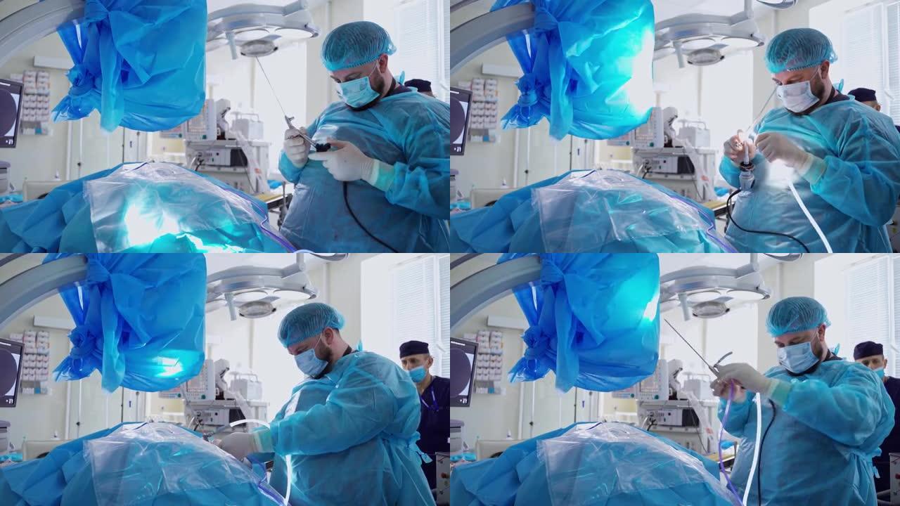 医生手中的手术设备。外科医生在手术前准备医疗工具。穿蓝色制服的专业医生在手术室工作。