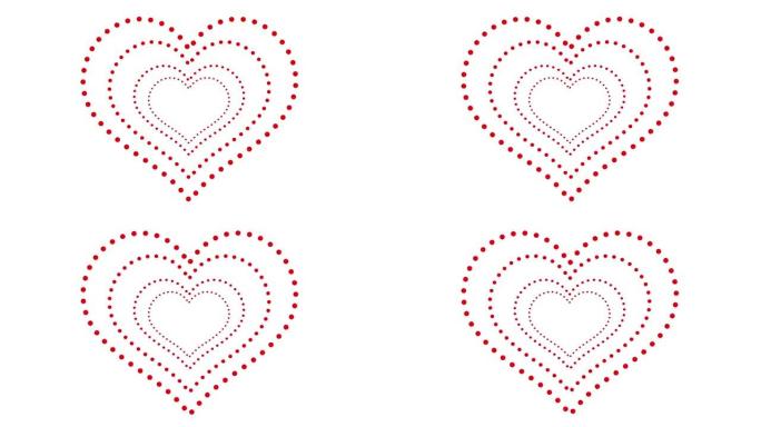 连续的红色圆圈勾勒出几颗心。在白色背景上。爱情、友谊、节日、婚礼的概念。情人节，七，烦恼。运动设计。
