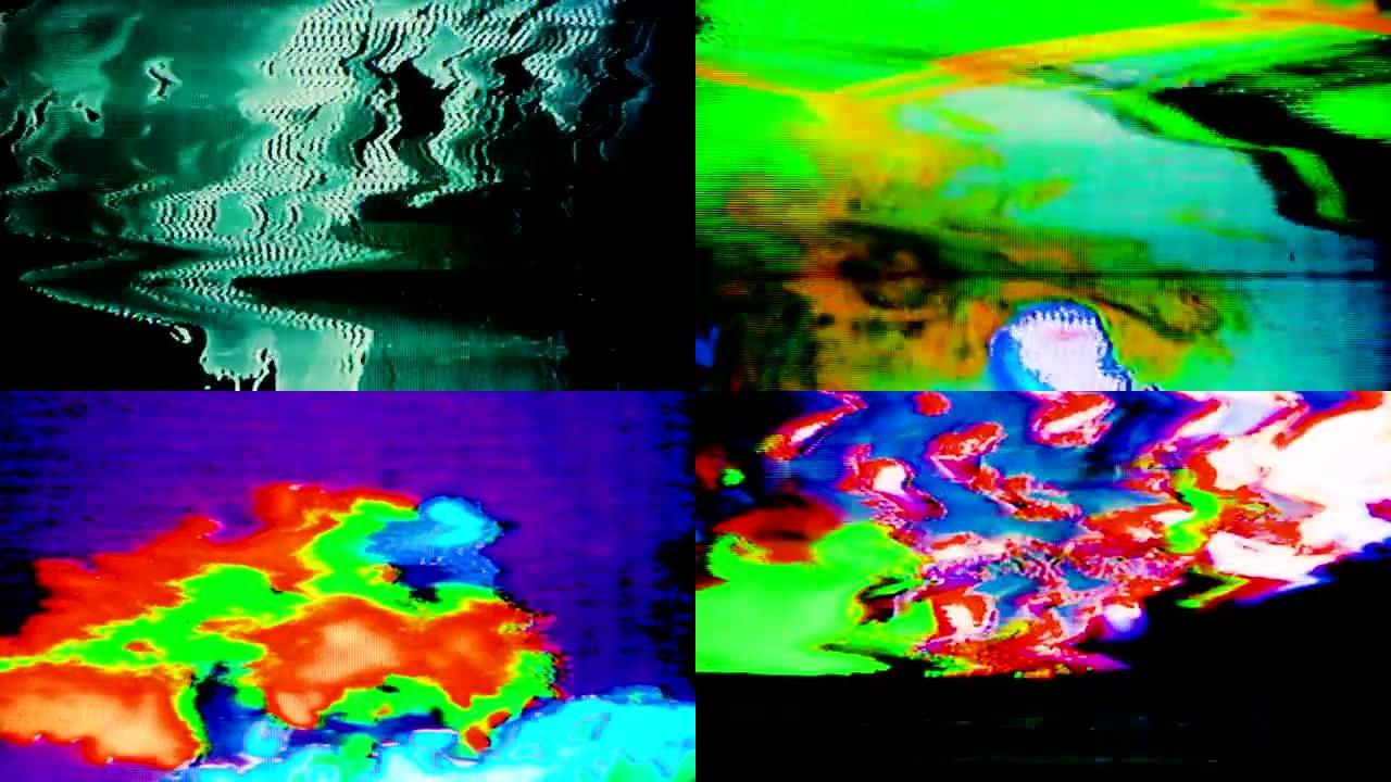 突然的VHS噪声背景，黑屏电视错误，抽象毛刺效应，像素关闭屏幕检查。具有像素接近噪声和误差噪声的视频