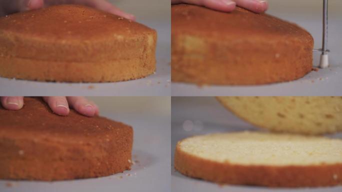 糕点师使用特殊的切刀将烤制的蛋糕切成均匀的层。