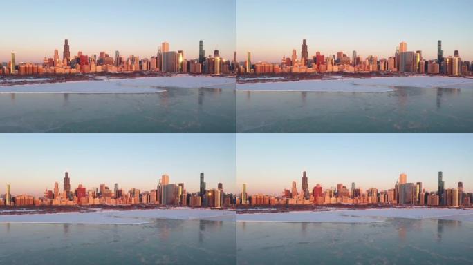 飞越密西根湖和芝加哥的城市景观