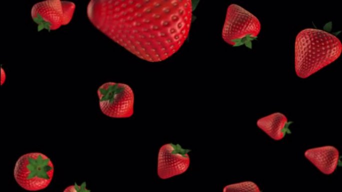 草莓在零重力下旋转。它们漂浮在空中。3d动画。选择性聚焦。背景模糊。隔离它。阿尔法通道。没有背景。4