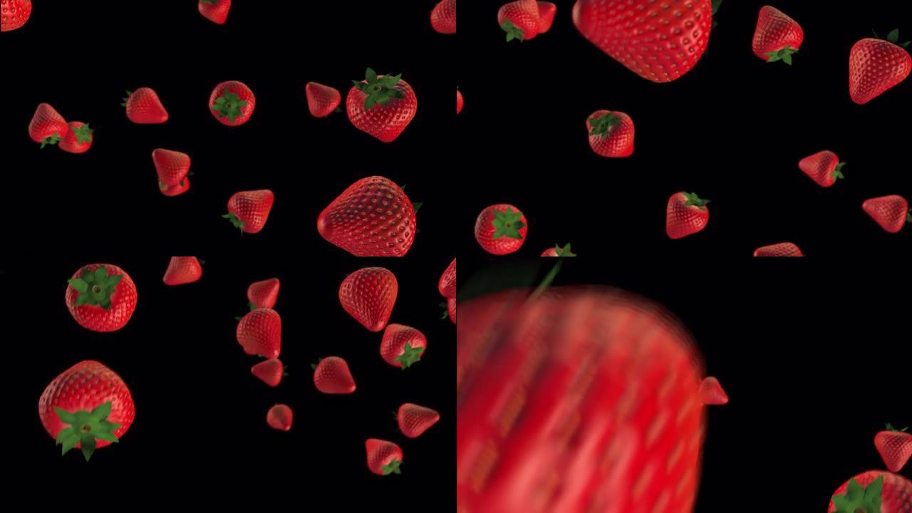 草莓在零重力下旋转。它们漂浮在空中。3d动画。选择性聚焦。背景模糊。隔离它。阿尔法通道。没有背景。4