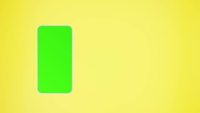 手机白色，带chromakey绿色屏幕，智能手机隔离在黄色背景上。模板，模拟移动应用程序或广告。电子
