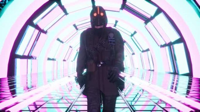 一个幸存的跟踪者走过发光的霓虹灯隧道。vj，dj或科幻背景用发光隧道制成的隧道动画。