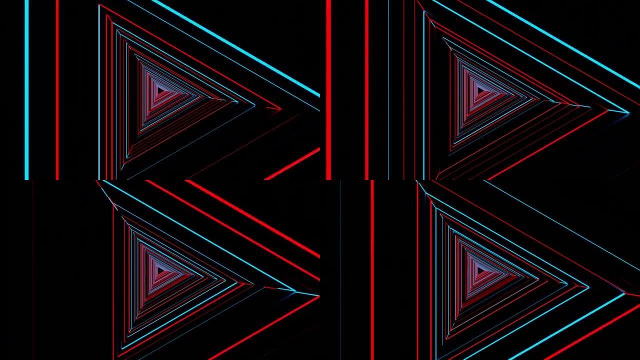 4k视频动画美丽的红蓝霓虹灯照明三角形隧道无缝循环运动图形。