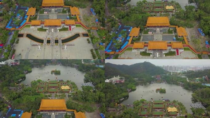 白天时间珠海著名新暖明公园入口寺庙航拍4k中国全景