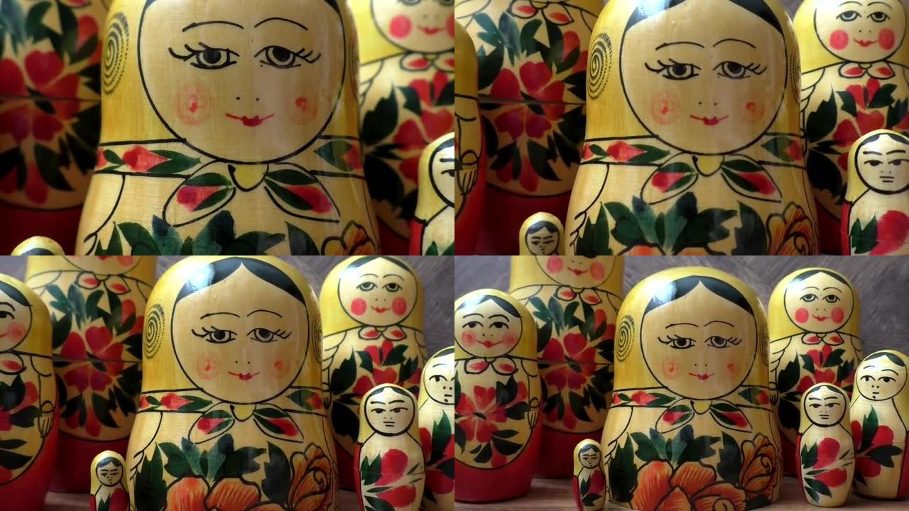 俄罗斯套娃-木制折叠娃娃，里面有较小尺寸的娃娃。Semenovskaya matryoshka被漆成