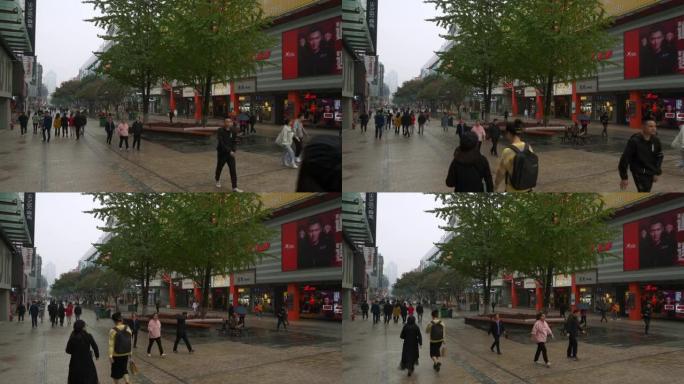 雨天长沙市著名步行旅游拥挤街道慢动作全景4k中国