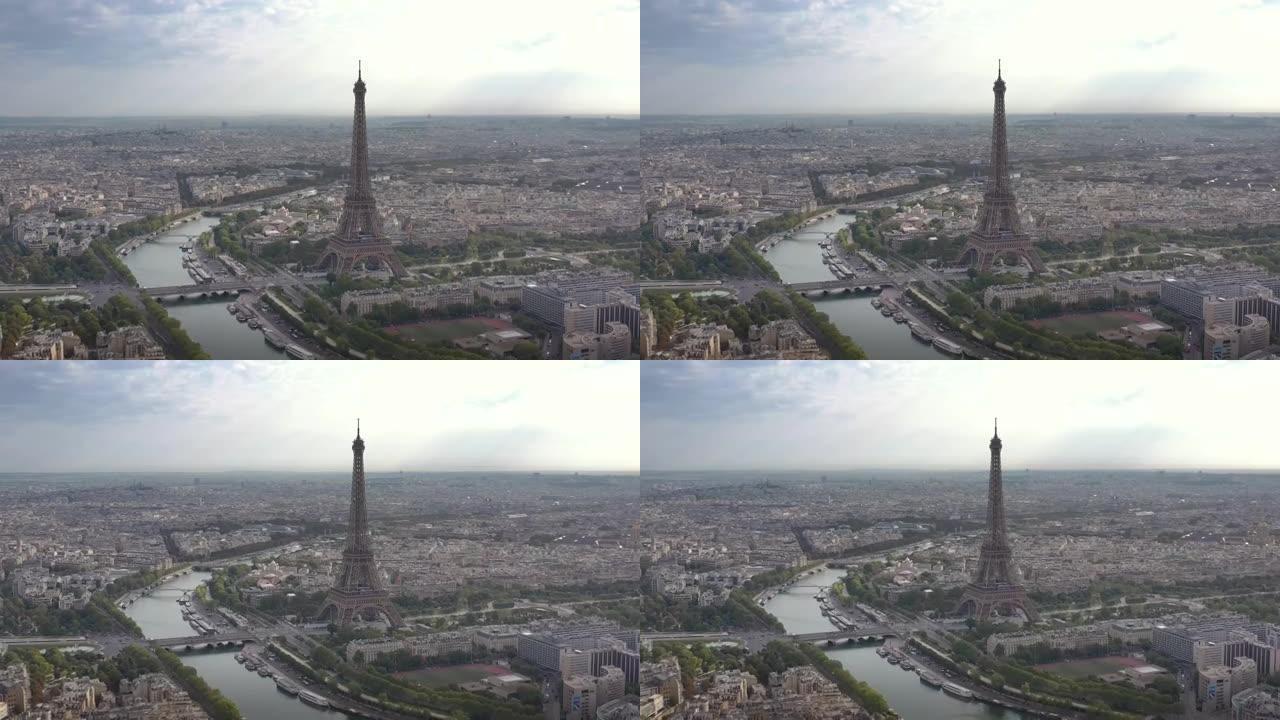 巴黎城市景观中心区著名塔楼广场河畔空中全景4k法国