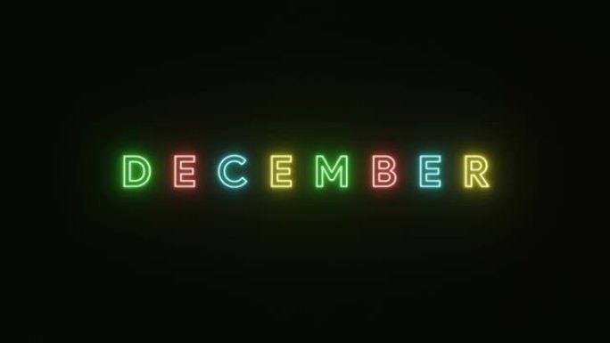 12月文本霓虹灯在黑色背景上五颜六色。3D渲染插图。4k分辨率视频。12月的霓虹灯符号