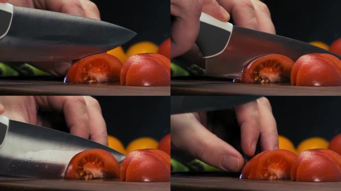 人用大钢刀将红番茄切成薄片