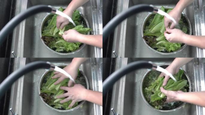 男人洗手沙拉。居家生活洗菜实拍