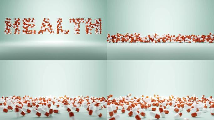 单词健康，绿色背景上的白色和红色胶囊的字母，药丸掉落，概念破碎的健康。治疗疾病，医药产品抗生素，维生
