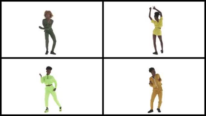 与跳舞的年轻非洲女子的四个剪辑的视频拼贴。同一个人穿着不同的衣服。分割屏幕截图。孤立在白色背景上