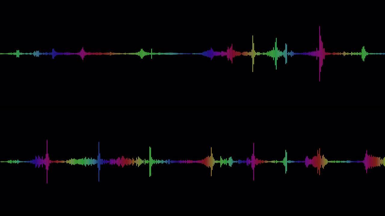 摘要谱线弹跳谱波设计在黑色背景振动波形上。音乐未来动画的音频频谱模拟。